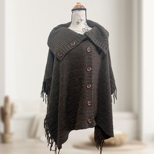 Le Château Brown Button Up Fringed Knit Shrug Poncho No Size